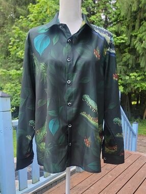 Black Tropical Crocodile Print Button-Up Shirt